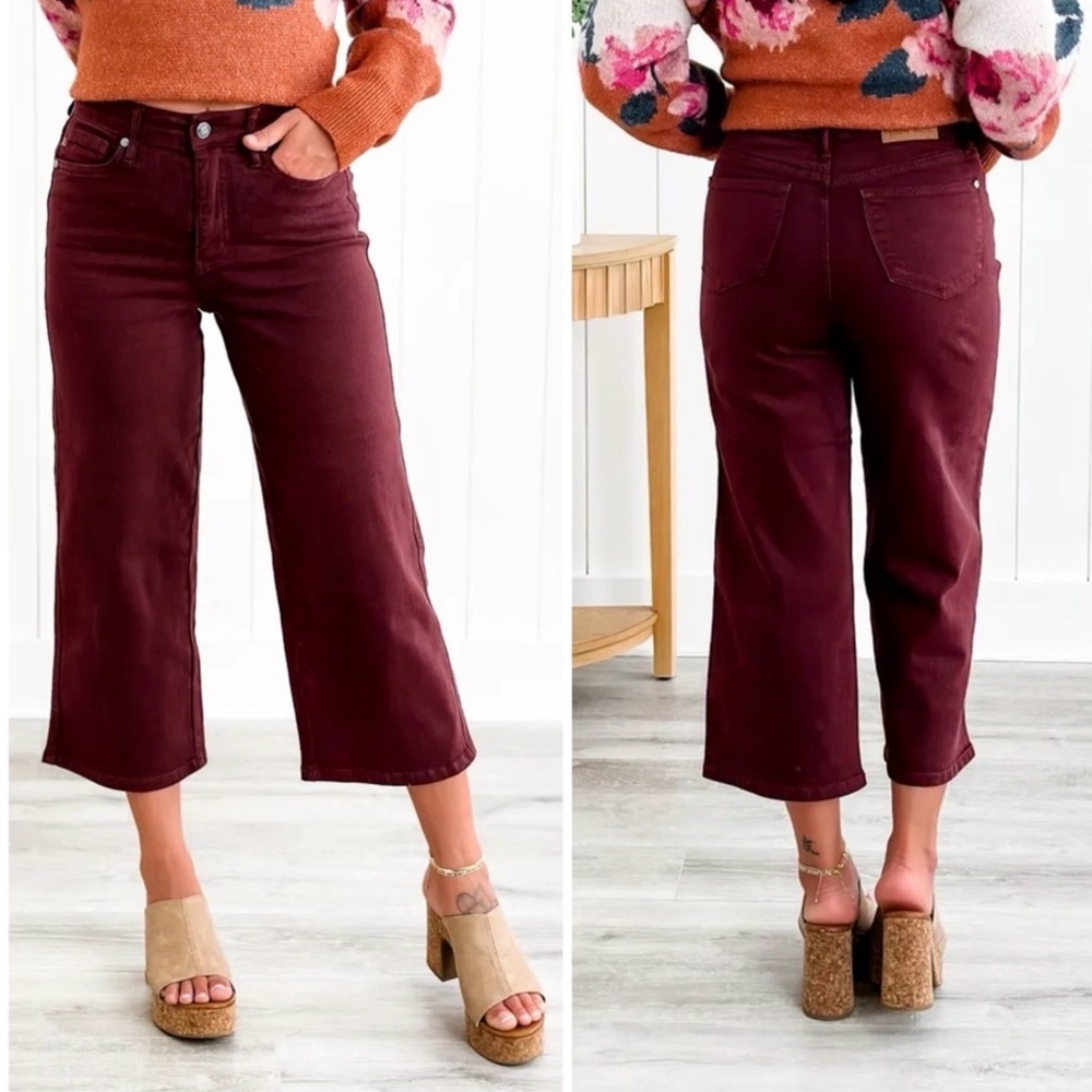 Judy Blue High Rise Oxblood Tummy Control Cropped Wide Leg Jeans Size 31